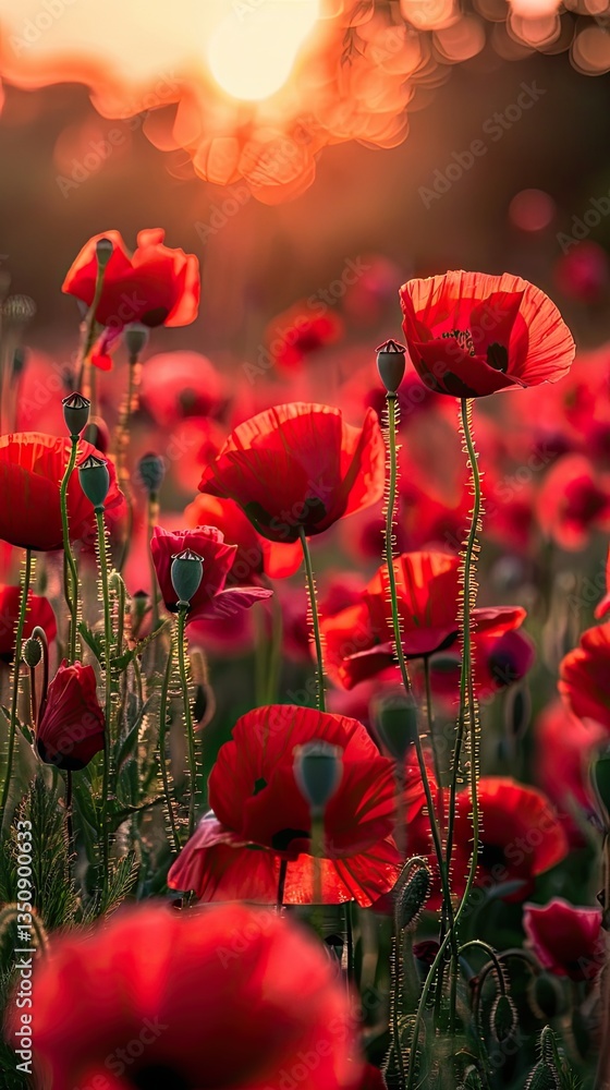 Fototapeta premium Vibrant red poppies glowing in sunset light