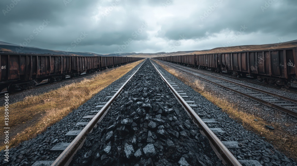 Fototapeta premium Coal train tracks converging, bleak landscape, industrial transport