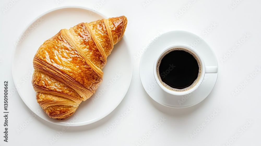 Freshly Baked Croissant with Coffee on Minimalist White Background Freshly Baked Croissant with Coffee on Minimalist White Background