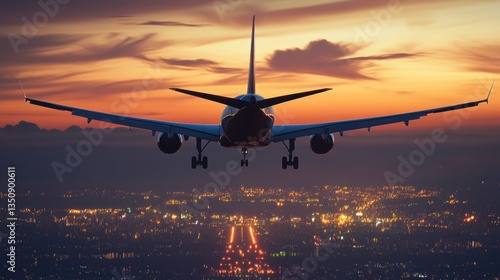 Sunset Approach: Airplane Landing Over Cityscape at Dusk