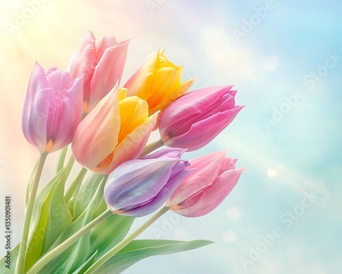 Pastel Tulips Bloom Spring Sky Background.
