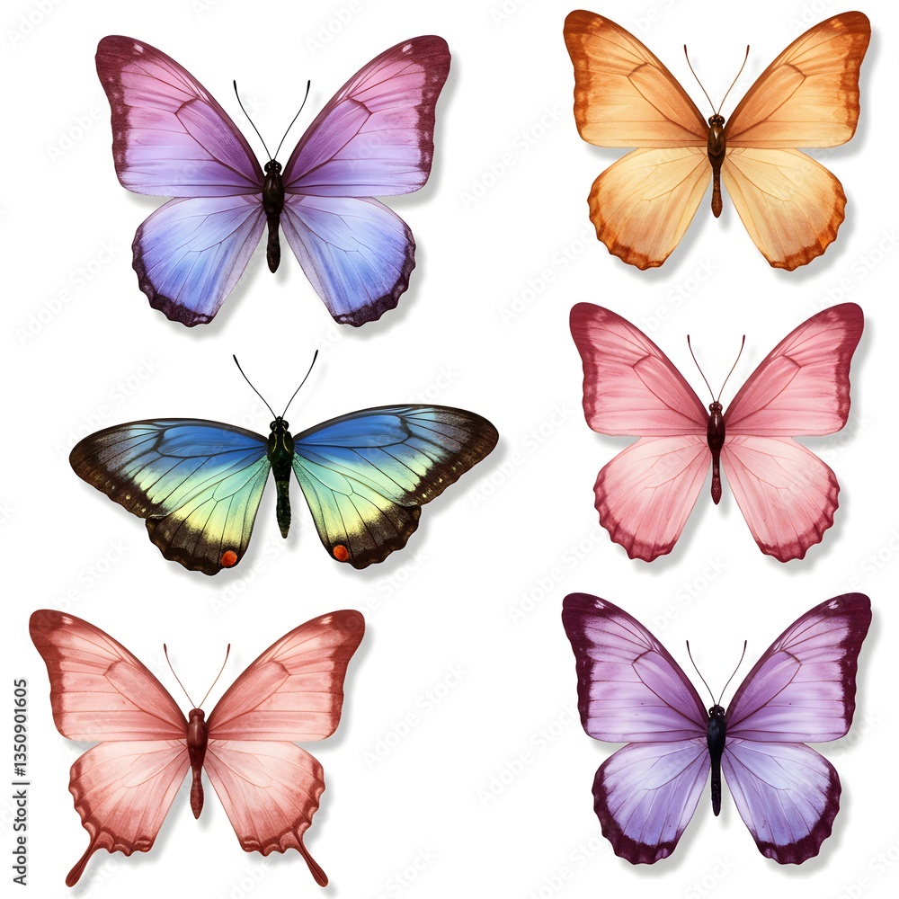 Delicate assortment of vibrant butterfly illustrations set against white backdrop Delicate assortment of vibrant butterfly illustrations set against white backdrop