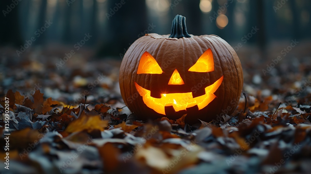 Illuminated Jackolantern in Autumnal Forest Illuminated Jackolantern in Autumnal Forest