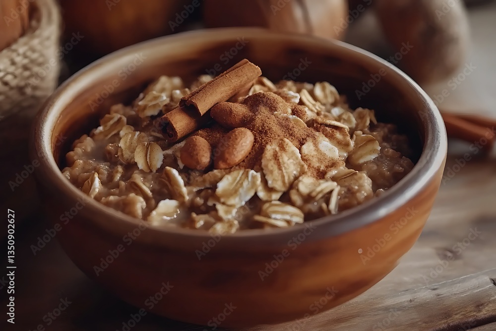 Warm Autumn Oatmeal with Cinnamon and Almonds in Rustic Bowl Warm Autumn Oatmeal with Cinnamon and Almonds in Rustic Bowl