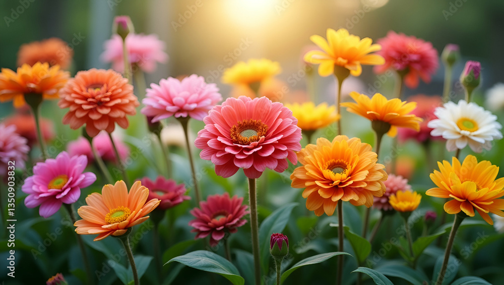 Stunning Flat Vector Illustration of Diverse Blooming Flowers in a Beautiful Garden Background