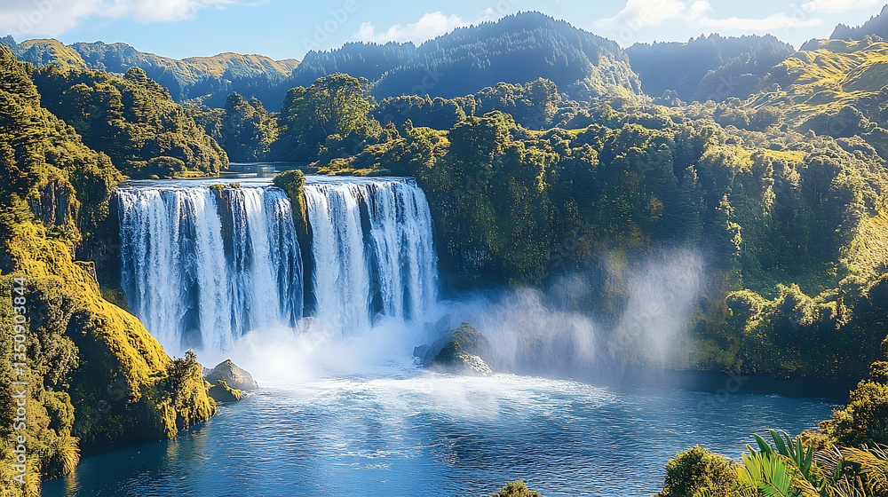 Fototapeta premium Waterfall cascading into a serene lake, lush greenery surrounds