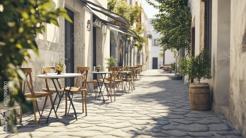 Sunny European outdoor cafe alleyway