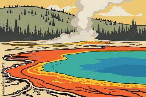 40 Vibrant geothermal hot spring, Yellowstone National Park, turquoise and blue water, orange and yellow mineral deposits, colorful bacterial mats, steam rising, surrounded by pine forest, mountain la