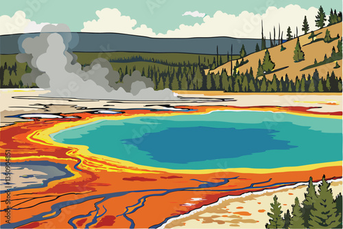 40 Vibrant geothermal hot spring, Yellowstone National Park, turquoise and blue water, orange and yellow mineral deposits, colorful bacterial mats, steam rising, surrounded by pine forest, mountain la