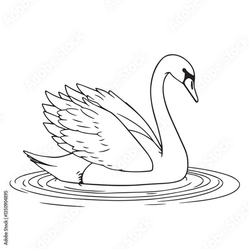 Continuous one black line art drawing swan bird on water surface vector design illustration.