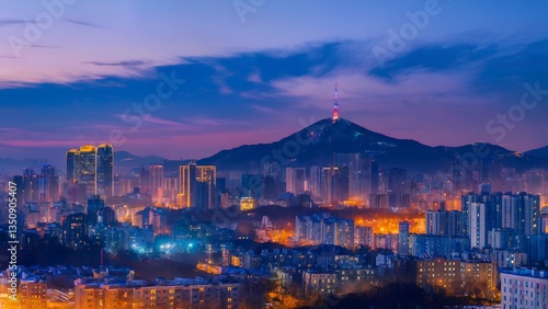 Stunning cityscape of Seoul at twilight, featuring Namsan Seoul Tower atop the illuminated skyline