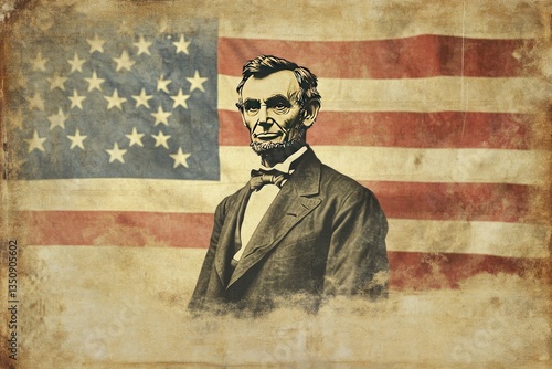 A classic vintage portrait of Abraham Lincoln with an American flag waving in the background.