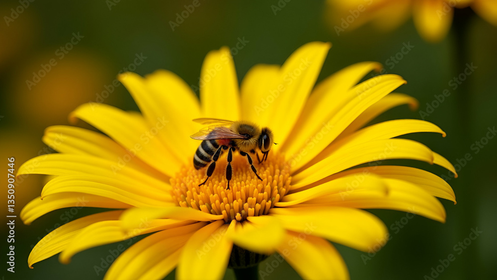 Flat Bee Collecting Nectar from Yellow Chrysanthemums: A Cute Vector Illustration of Autumn Pollination Flat Bee Collecting Nectar from Yellow Chrysanthemums: A Cute Vector Illustration of Autumn Pollination