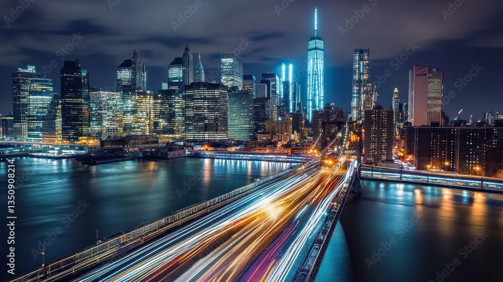 Fototapeta premium Night view of Manhattan skyline, traffic on bridge