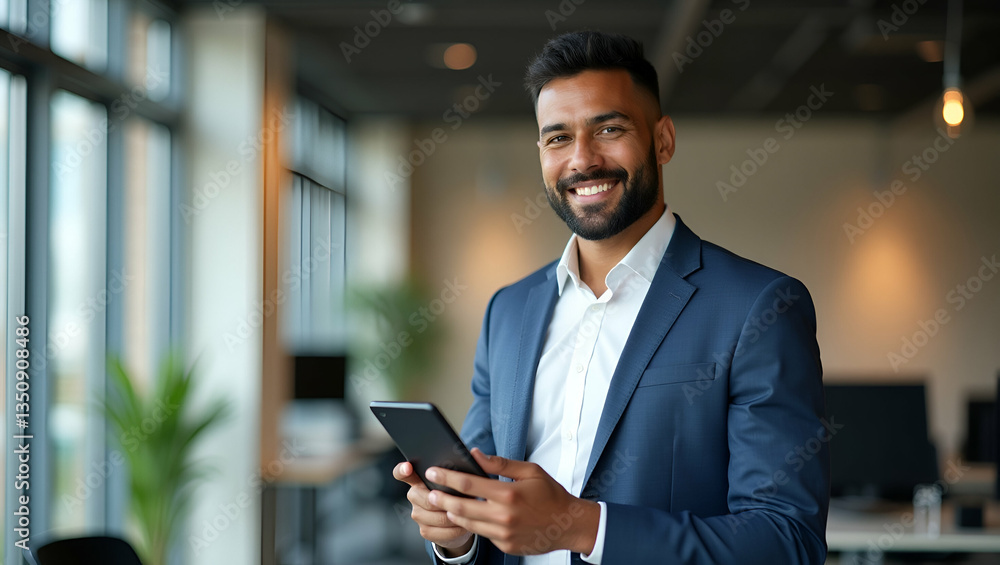 Smiling Latin Male Project Manager in Office: Happy Young Professional Using Tablet - Stock Photo Concept with Empty Space for Your Design Needs Smiling Latin Male Project Manager in Office: Happy Young Professional Using Tablet - Stock Photo Concept with Empty Space for Your Design Needs