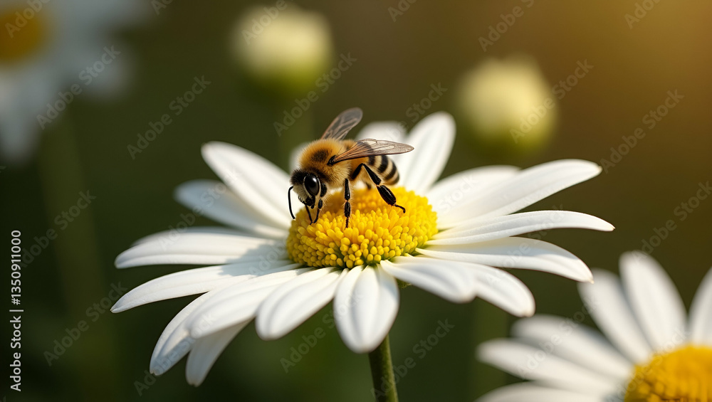 Stunning Autumn Garden Scene: Bee Collecting Nectar from White Chrysanthemum Flowers - A Beautiful Display of Pollination and Nature's Splendor with Space for Text on the Left Stunning Autumn Garden Scene: Bee Collecting Nectar from White Chrysanthemum Flowers - A Beautiful Display of Pollination and Nature's Splendor with Space for Text on the Left