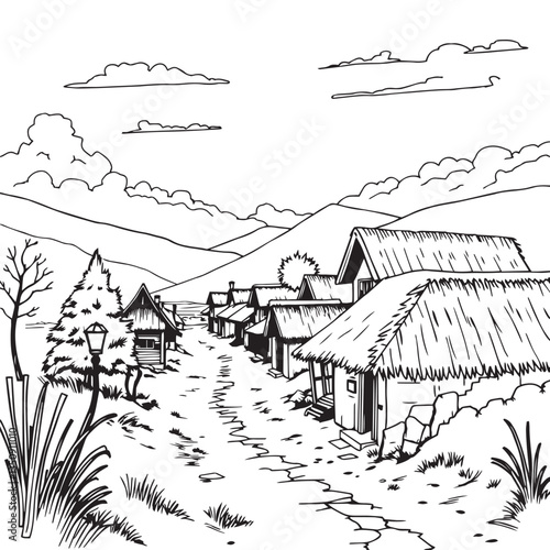 Continuous one black line art drawing village life vector design illustration.