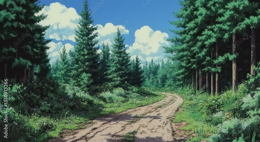 Obraz premium The winding dirt road passes through the lush green forest