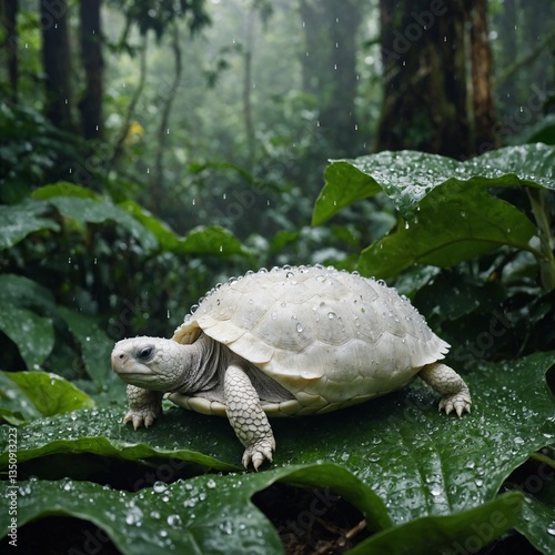 A white tortoise covered in dewdrops, sitting on a lush green leaf in a rainforest.