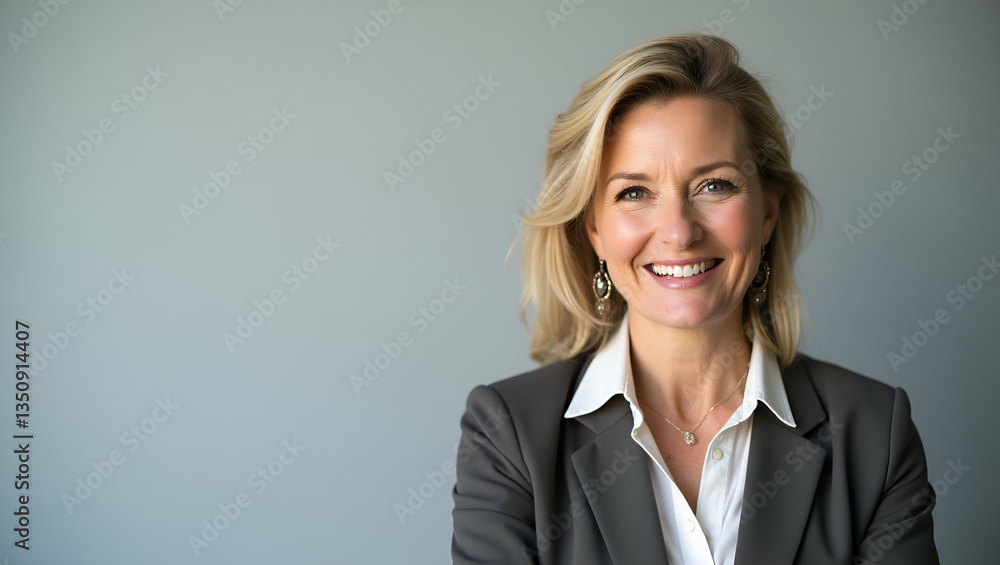 Happy and smiling mature 50 year old female psychologist poses for portrait looking at camera. Close up headshot of sophisticated businesswoman isolated on grey background advertising products and ser Happy and smiling mature 50 year old female psychologist poses for portrait looking at camera. Close up headshot of sophisticated businesswoman isolated on grey background advertising products and ser