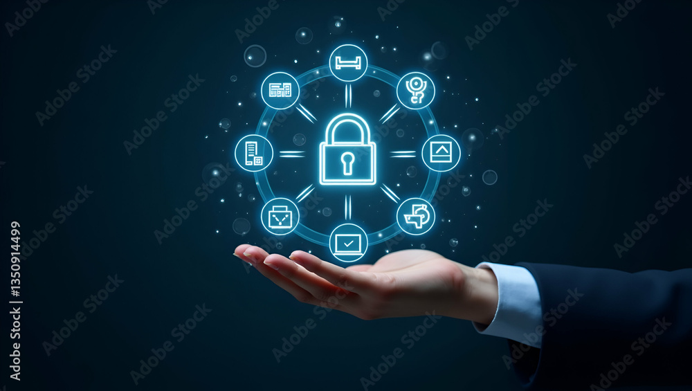 Fototapeta premium Flat Hand Holding Holographic Zero Trust Security Model: A Cute Vector Illustration of Cybersecurity Principles and Secure Network Access Icons in a Smart Business Tone
