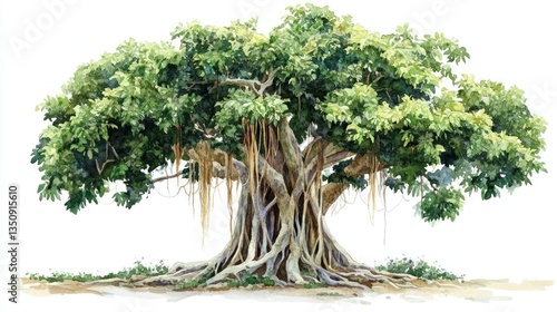 Lush banyan tree against white background. Stock photo of a tropical tree