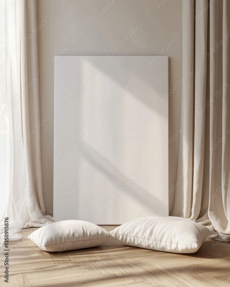 Blank canvas mockup in minimalist room with sunlight and pillows. Blank canvas mockup in minimalist room with sunlight and pillows.