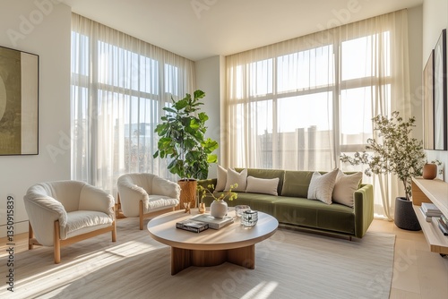 Bright and Beautiful cozy living room with natural and bright sunlight coming through windows with city landscape background outside, neutral color sofa with abstract wall art and colorful pillows