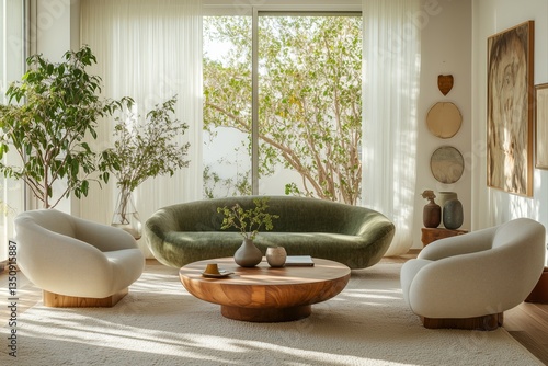 Bright and Beautiful cozy living room with natural and bright sunlight coming through windows with city landscape background outside, neutral color sofa with abstract wall art and colorful pillows