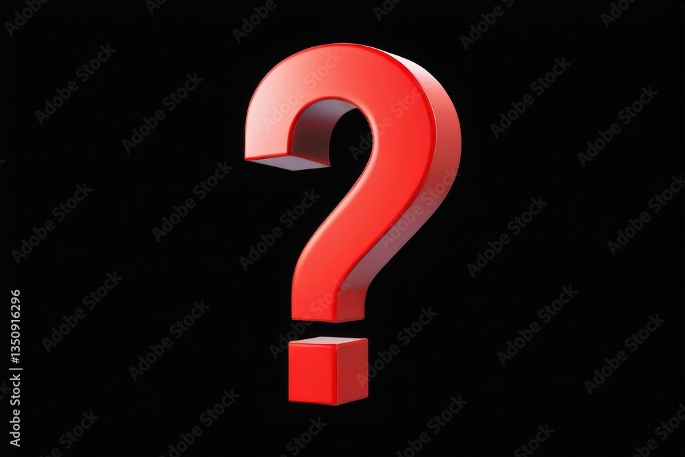 Vibrant 3D red question mark on black background with unique shape, isolated for visual impact. Vibrant 3D red question mark on black background with unique shape, isolated for visual impact.