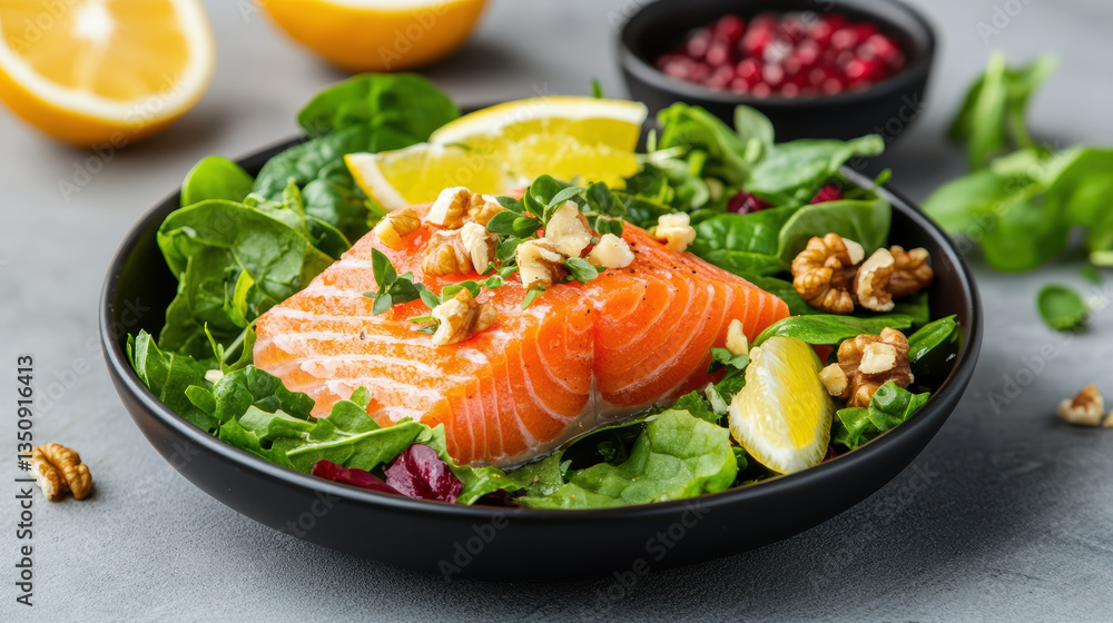 Fresh salmon fillet atop vibrant salad with leafy greens, nuts, and citrus Fresh salmon fillet atop vibrant salad with leafy greens, nuts, and citrus