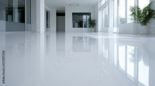 Modern office interior with polished, white epoxy floor.  Spacious and bright hallway