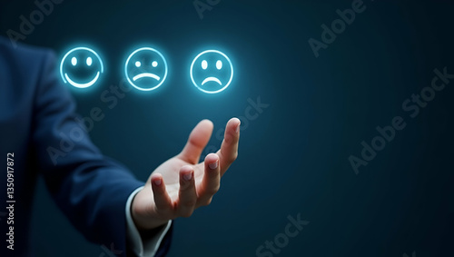 Hand Interacting with Holographic Customer Satisfaction Survey Interface: Engaging with Happy, Neutral, and Sad Face Icons for Enhanced Customer Feedback and Experience Ratings in Stock Photo Concept