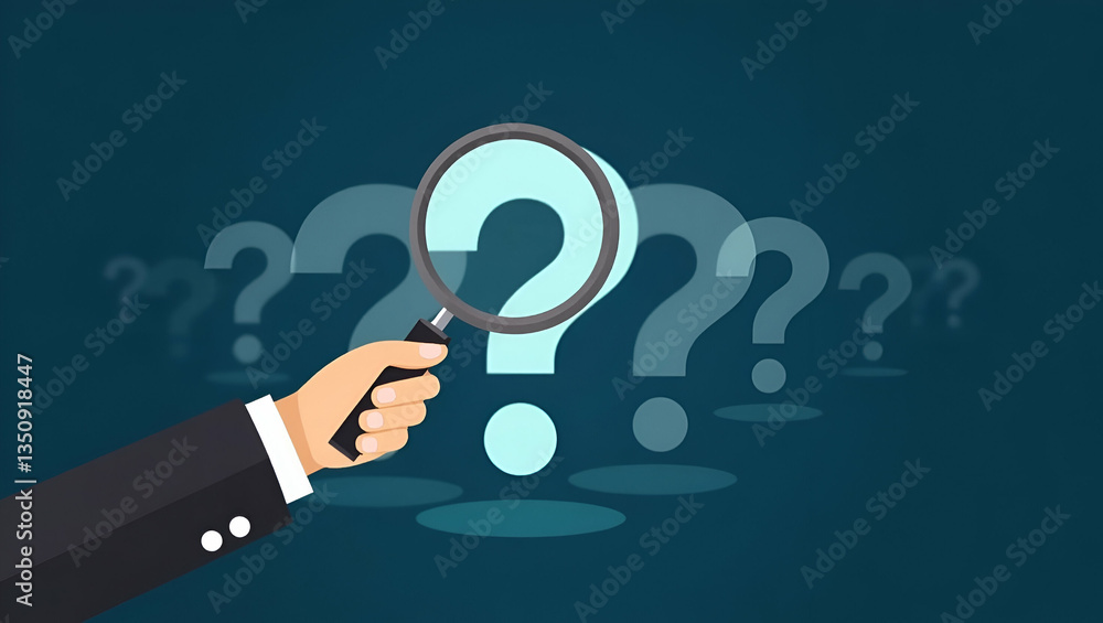 Exploring Problem Solving: Flat Hand Holding Holographic Question Mark with Magnifying Glass - A Cute Vector Illustration for Smart Business Analysis Exploring Problem Solving: Flat Hand Holding Holographic Question Mark with Magnifying Glass - A Cute Vector Illustration for Smart Business Analysis