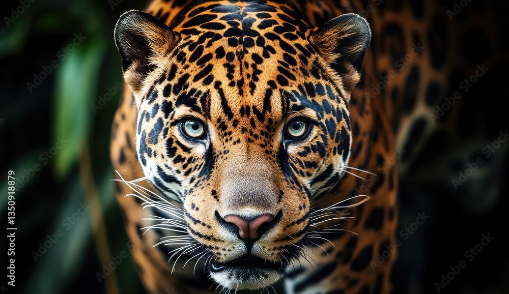 Obraz premium Close-up of a majestic jaguar. Intense gaze, spotted fur, wild beauty