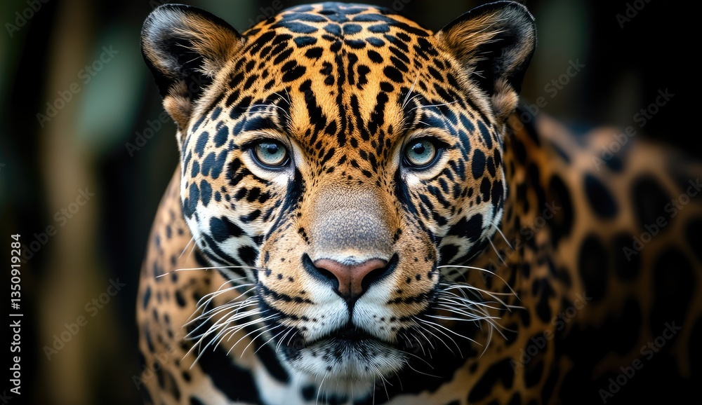 Naklejka premium Close-up of a jaguar's face. Intense gaze, spotted coat