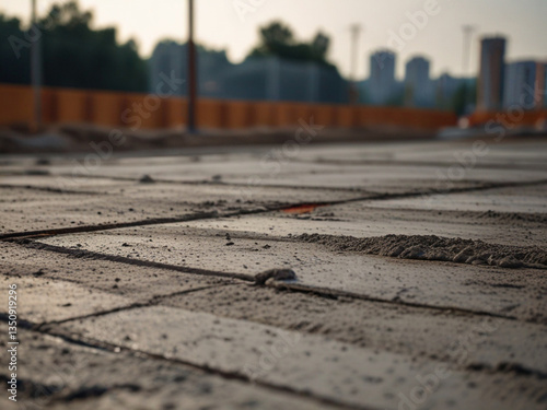 View of tile brick floor in construction site in the city.