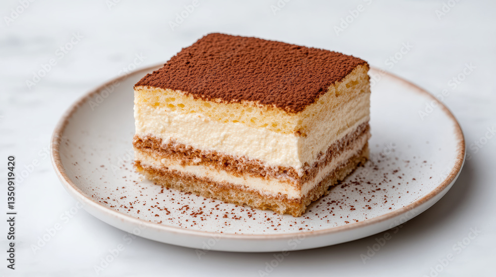 Creamy tiramisu slice with layers of coffee soaked cake and mascarpone, delightful dessert treat Creamy tiramisu slice with layers of coffee soaked cake and mascarpone, delightful dessert treat