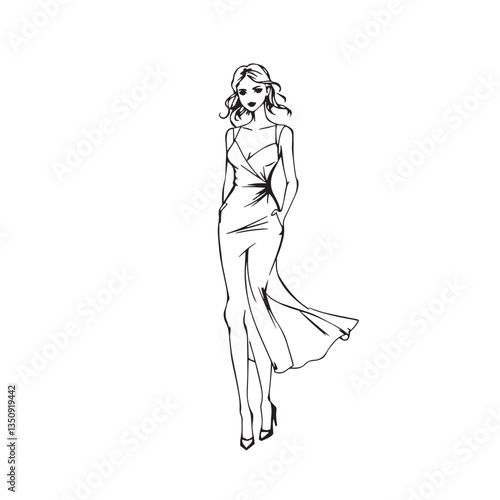 Continuous one black line art drawing woman wear stylist dress vector illustration.