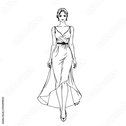 Continuous one black line art drawing woman wear stylist dress vector illustration.