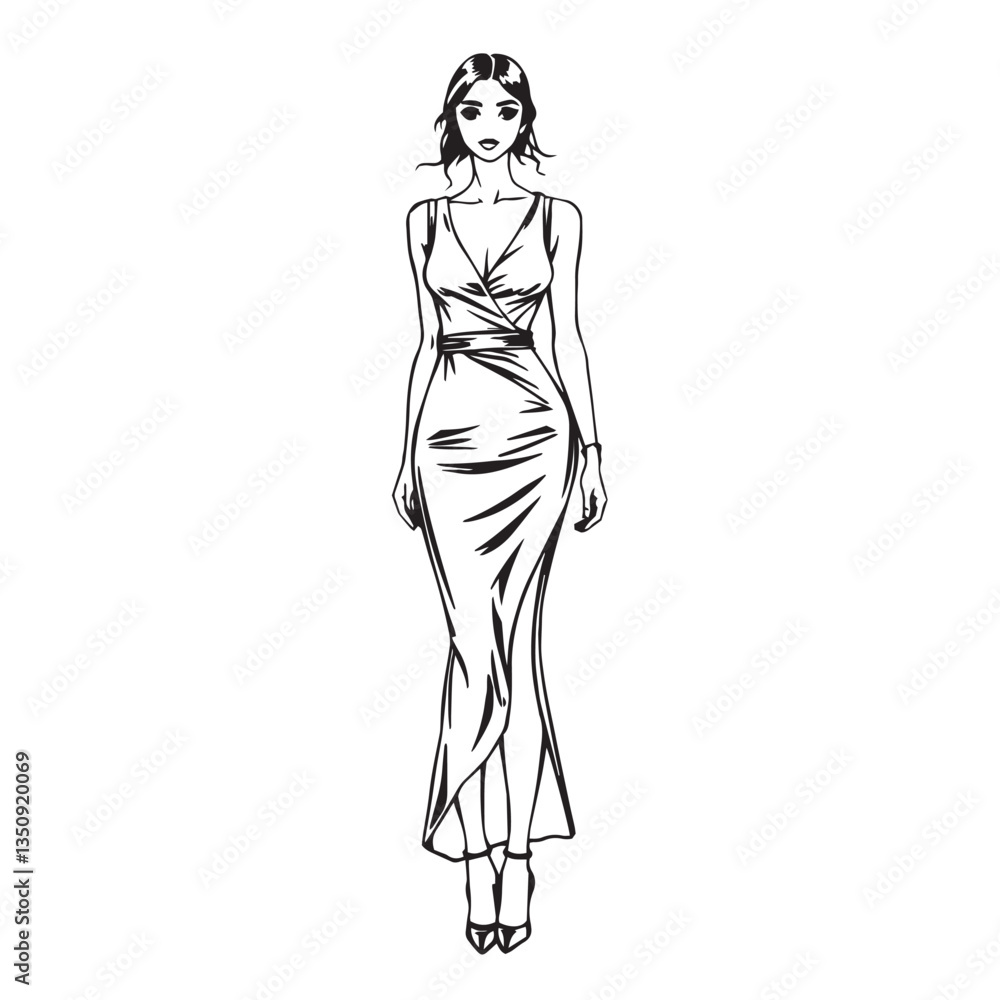 Continuous one black line art drawing woman wear stylist dress vector illustration. Continuous one black line art drawing woman wear stylist dress vector illustration.