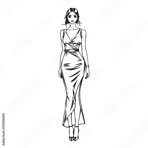 Continuous one black line art drawing woman wear stylist dress vector illustration.