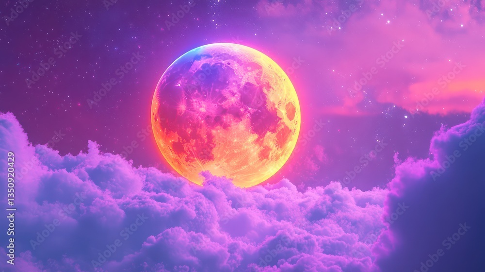 Obraz premium Colorful full moon above clouds, night sky. Wallpaper, fantasy art