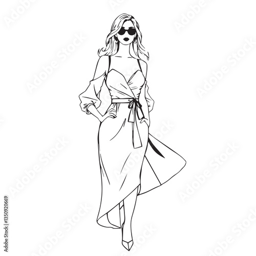 Continuous one black line art drawing woman wear stylist dress vector illustration.