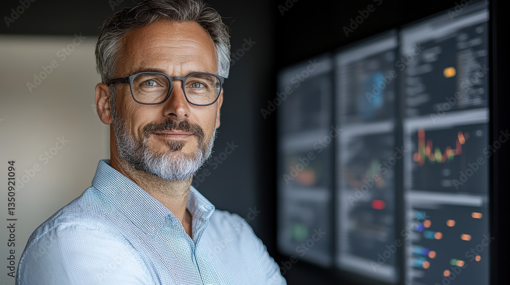 Professional man with glasses smiling confidently in front of data visualizations Professional man with glasses smiling confidently in front of data visualizations