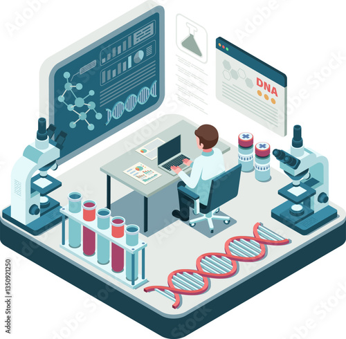 Isometric Scientist in Biotechnology Lab with DNA Research and Analysis