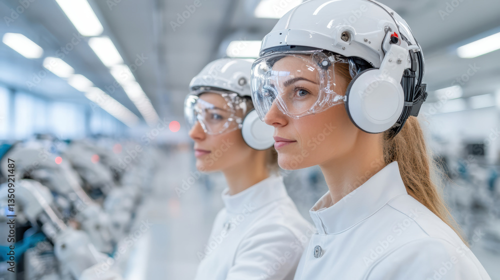 Innovative lab environment with two women in protective gear, focused on technology Innovative lab environment with two women in protective gear, focused on technology