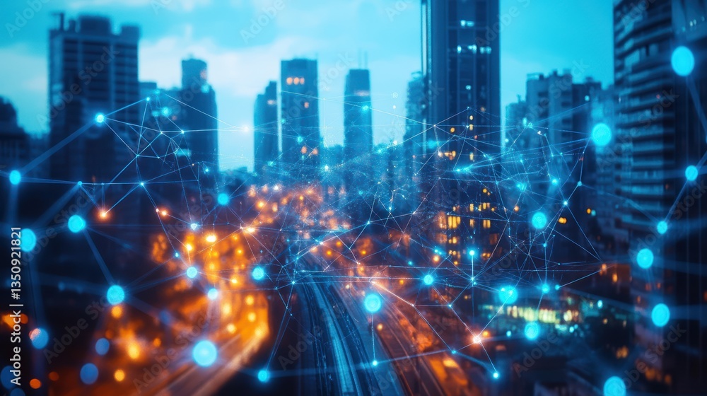Cityscape at night with network overlay, abstract representation of urban connectivity, potential use for technology and future concepts Cityscape at night with network overlay, abstract representation of urban connectivity, potential use for technology and future concepts