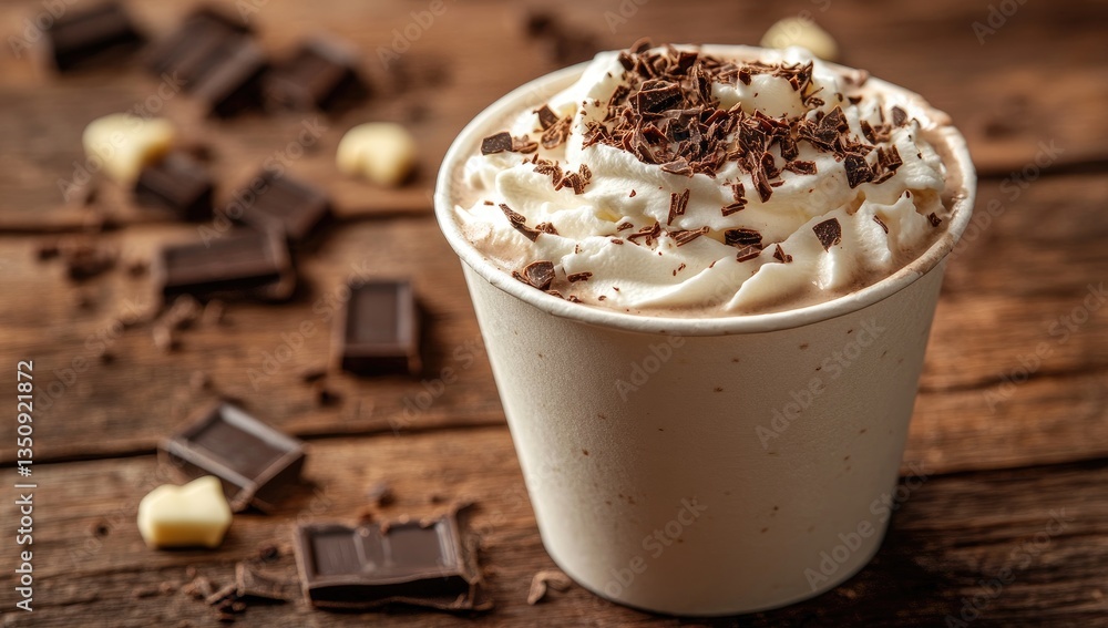 Warm, creamy chocolate drink topped with whipped cream and chocolate shavings Warm, creamy chocolate drink topped with whipped cream and chocolate shavings