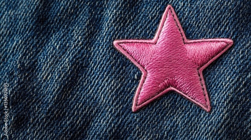 Close-up of a pink embroidered star patch on dark blue denim. The texture of the fabric is prominent, showcasing the detail of both the denim and the patch.